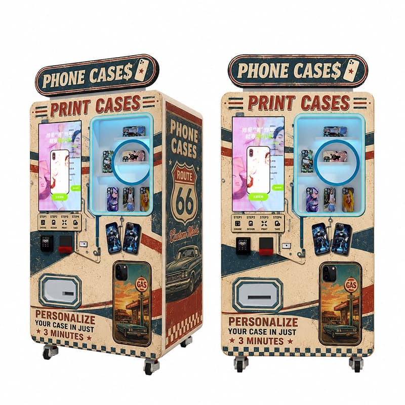 Kiosque QLD Print Case entouré de coques personnalisées flottantes